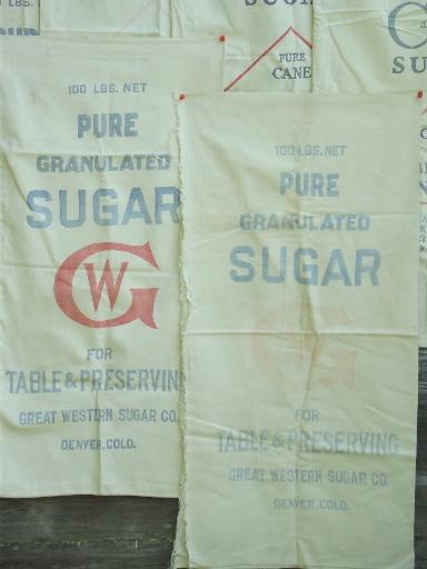 photo of 1940s vintage feedsacks w/ print advertising, heavy cotton sugar sack lot #2