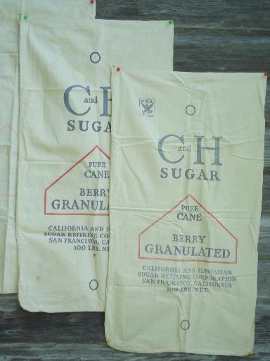 photo of 1940s vintage feedsacks w/ print advertising, heavy cotton sugar sack lot #3