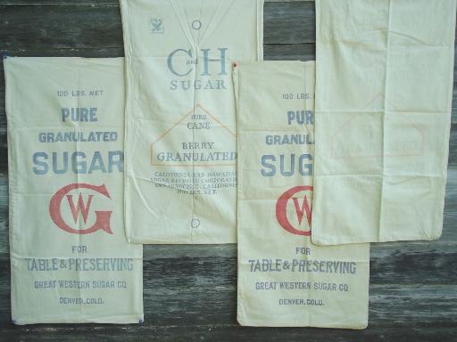 photo of 1940s vintage feedsacks w/ print advertising, heavy cotton sugar sack lot #4