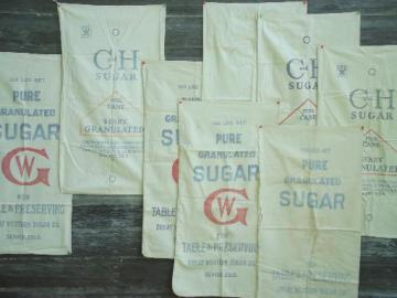 catalog photo of 1940s vintage feedsacks w/ print advertising, heavy cotton sugar sack lot