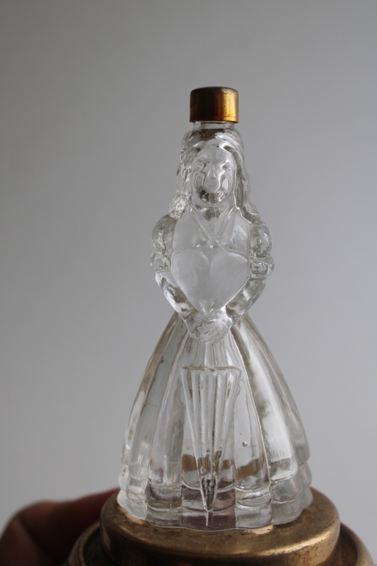 photo of 1940s vintage figural glass cologne bottle, Babs Creations parasol lady  #4