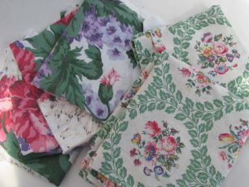 catalog photo of 1940s vintage floral print cotton fabric lot, rose prints w/ green