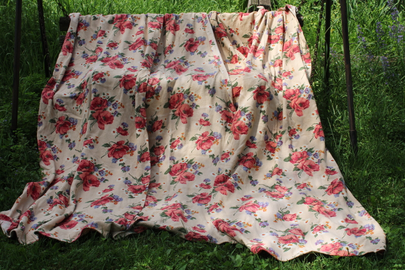 photo of 1940s vintage floral print curtain panels, thick nubby soft cotton fabric shabby chic roses on tan #1