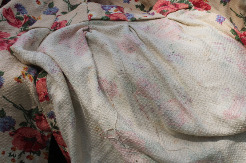 photo of 1940s vintage floral print curtain panels, thick nubby soft cotton fabric shabby chic roses on tan  #2