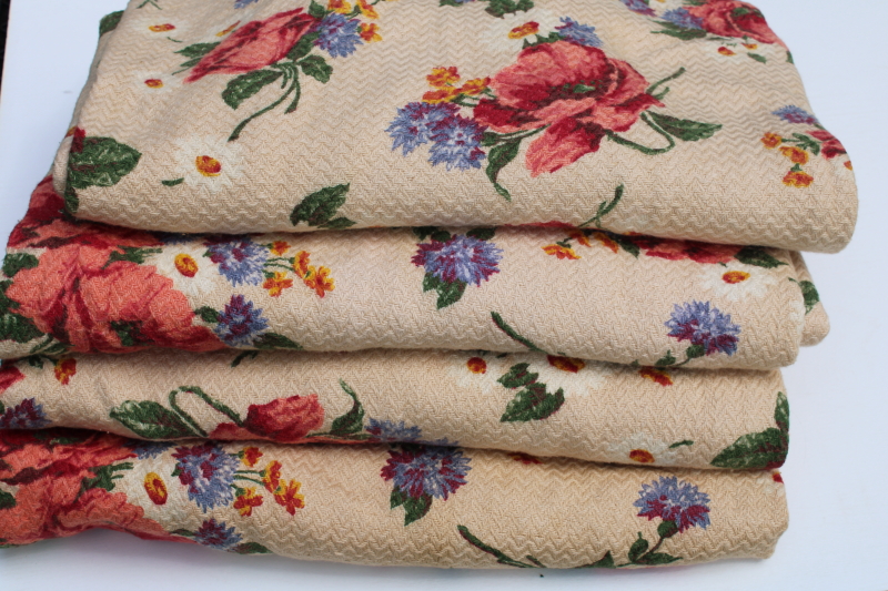 photo of 1940s vintage floral print curtain panels, thick nubby soft cotton fabric shabby chic roses on tan  #4
