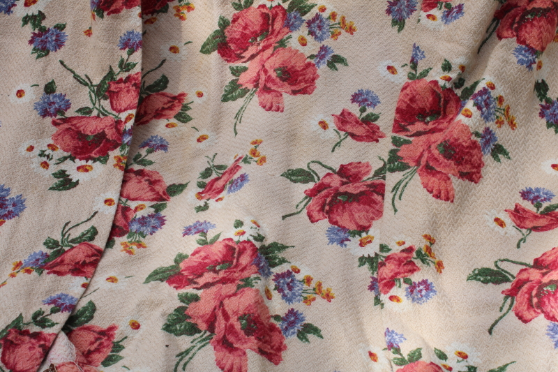 photo of 1940s vintage floral print curtain panels, thick nubby soft cotton fabric shabby chic roses on tan  #5
