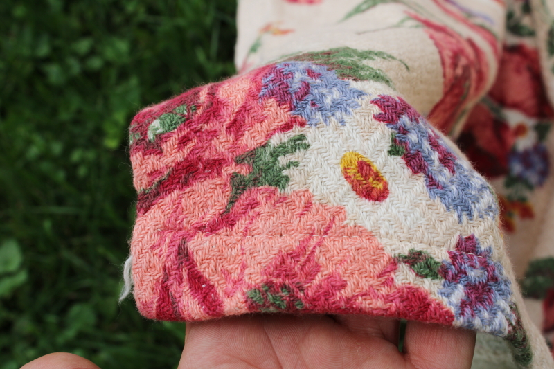 photo of 1940s vintage floral print curtain panels, thick nubby soft cotton fabric shabby chic roses on tan  #6