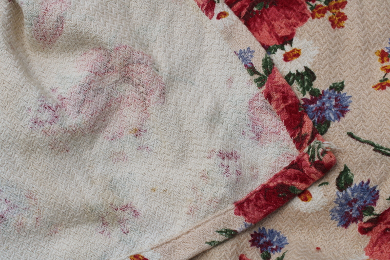 photo of 1940s vintage floral print curtain panels, thick nubby soft cotton fabric shabby chic roses on tan  #7