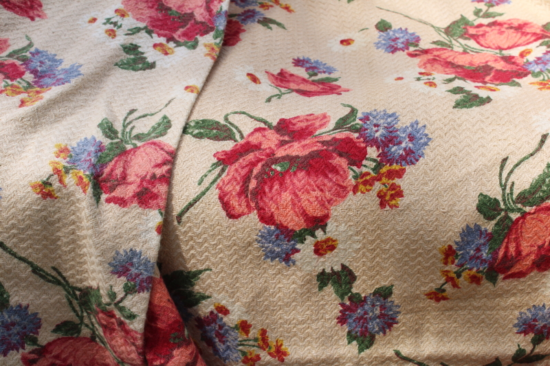 photo of 1940s vintage floral print curtain panels, thick nubby soft cotton fabric shabby chic roses on tan  #8