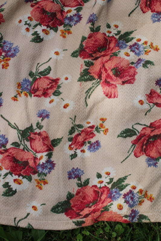 photo of 1940s vintage floral print curtain panels, thick nubby soft cotton fabric shabby chic roses on tan  #9