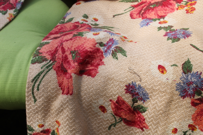 photo of 1940s vintage floral print curtain panels, thick nubby soft cotton fabric shabby chic roses on tan  #10