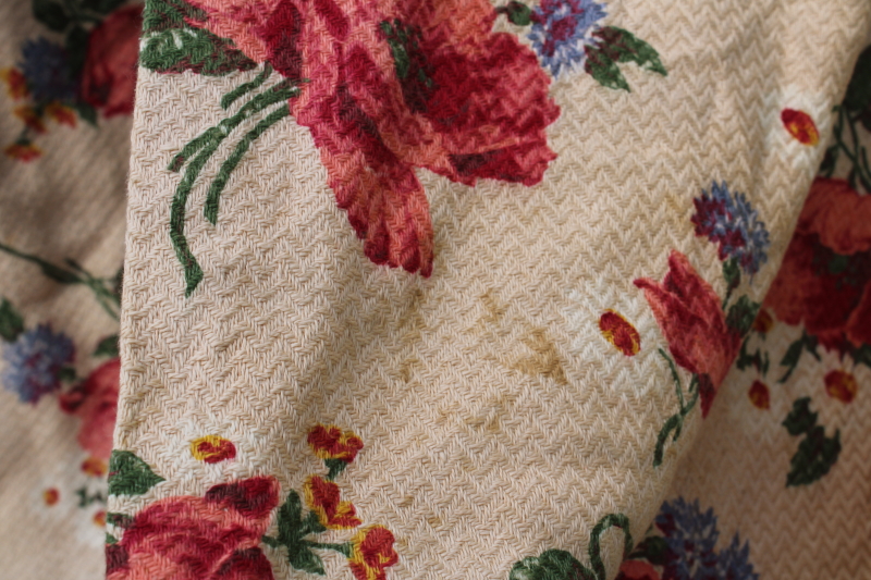 photo of 1940s vintage floral print curtain panels, thick nubby soft cotton fabric shabby chic roses on tan  #11