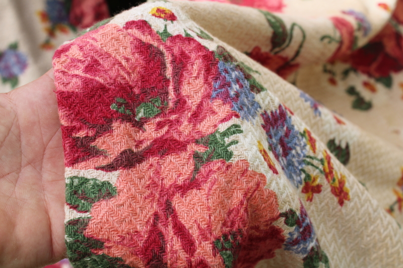 photo of 1940s vintage floral print curtain panels, thick nubby soft cotton fabric shabby chic roses on tan  #12