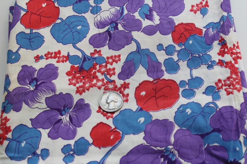 photo of 1940s vintage flowered print cotton fabric, blue, red, purple floral #1