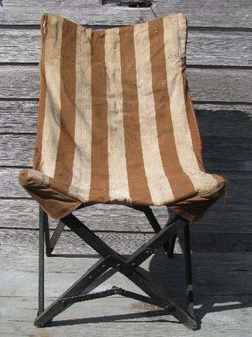 photo of 1940s vintage folding camp or beach chair w/ old striped cotton seat #2