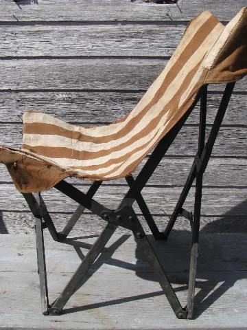 photo of 1940s vintage folding camp or beach chair w/ old striped cotton seat #3