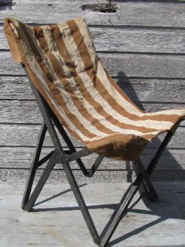 catalog photo of 1940s vintage folding camp or beach chair w/ old striped cotton seat