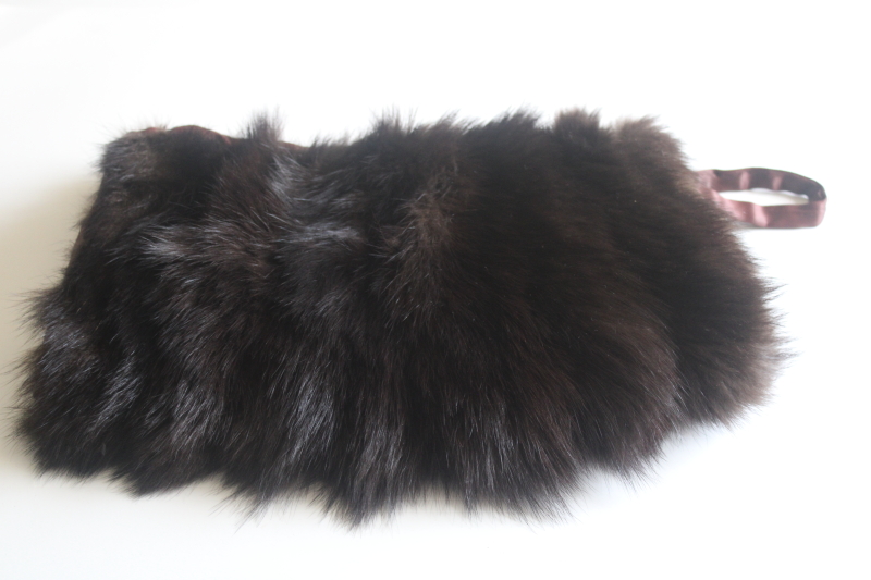 photo of 1940s vintage glamour girl fur muff, dark mink hand warmer zipper purse  #1