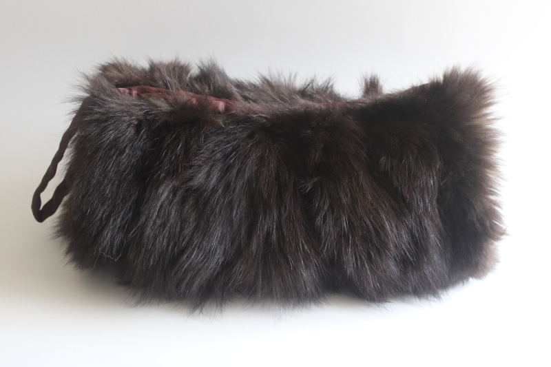 photo of 1940s vintage glamour girl fur muff, dark mink hand warmer zipper purse  #2