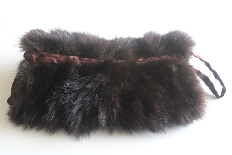 photo of 1940s vintage glamour girl fur muff, dark mink hand warmer zipper purse  #3