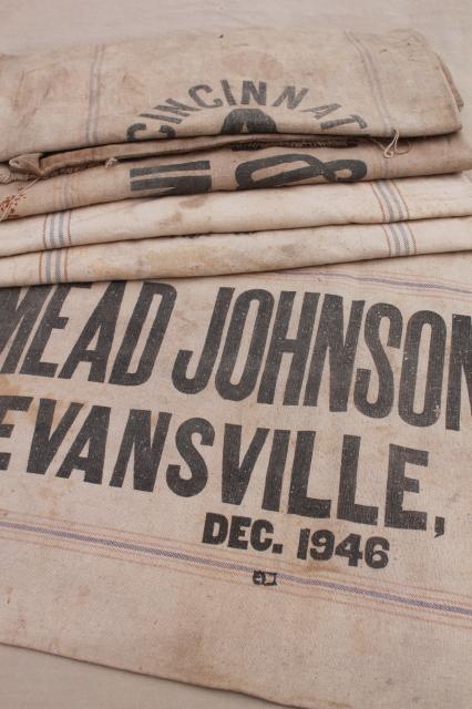 photo of 1940s vintage grain sacks, canvas weight cotton feed bags, Fulton Cincinnati Evansville Indiana #1