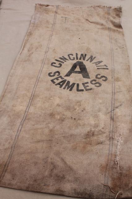 photo of 1940s vintage grain sacks, canvas weight cotton feed bags, Fulton Cincinnati Evansville Indiana #6