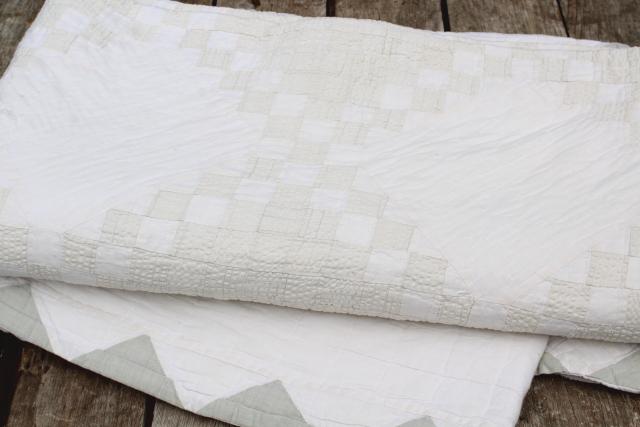 photo of 1940s vintage hand stitched patchwork quilt, rustic modern pale whitewash colors #7