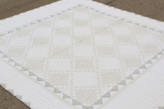 photo of 1940s vintage hand stitched patchwork quilt, rustic modern pale whitewash colors #8