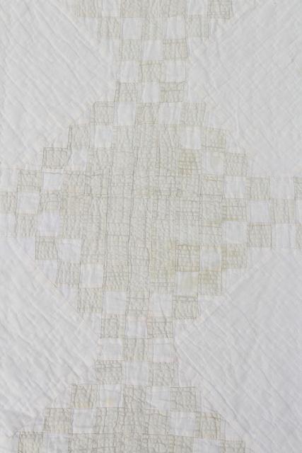 photo of 1940s vintage hand stitched patchwork quilt, rustic modern pale whitewash colors #12