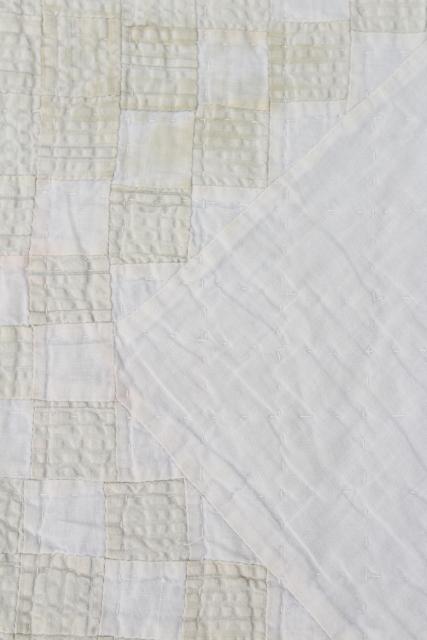 photo of 1940s vintage hand stitched patchwork quilt, rustic modern pale whitewash colors #13