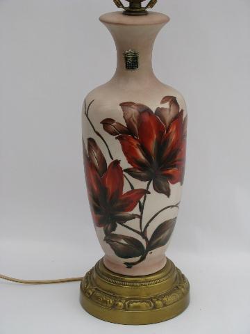 photo of 1940s vintage hand-painted tropical flowers china lamp, original label #1