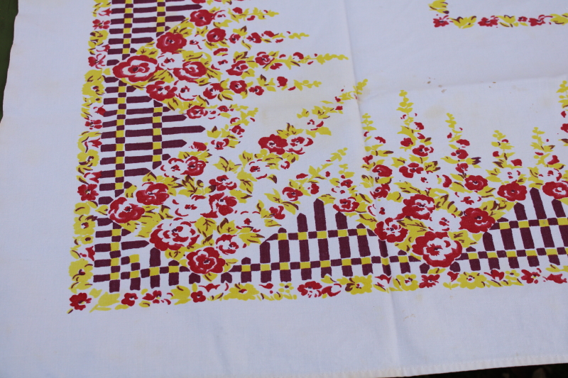 photo of 1940s vintage kitchen tablecloth, plum purple, pink, yellow flower garden fence print  #2