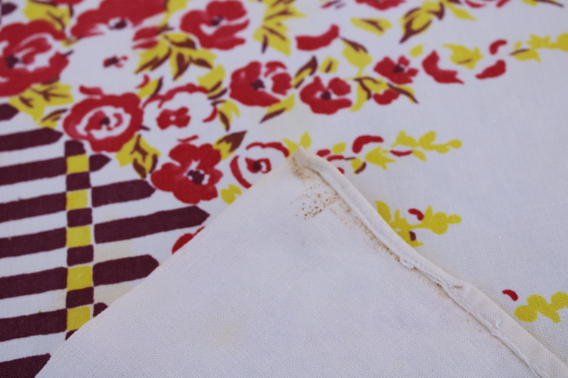 photo of 1940s vintage kitchen tablecloth, plum purple, pink, yellow flower garden fence print  #3