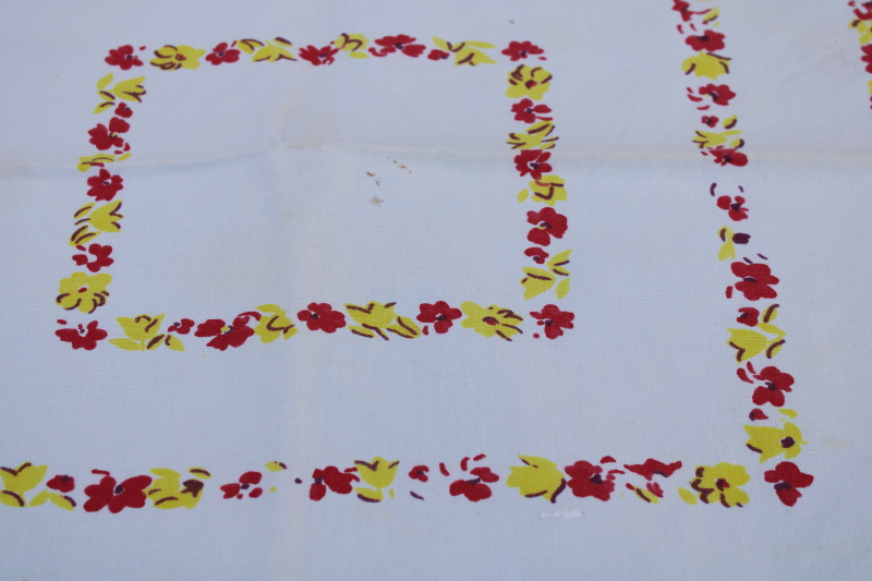 photo of 1940s vintage kitchen tablecloth, plum purple, pink, yellow flower garden fence print  #4
