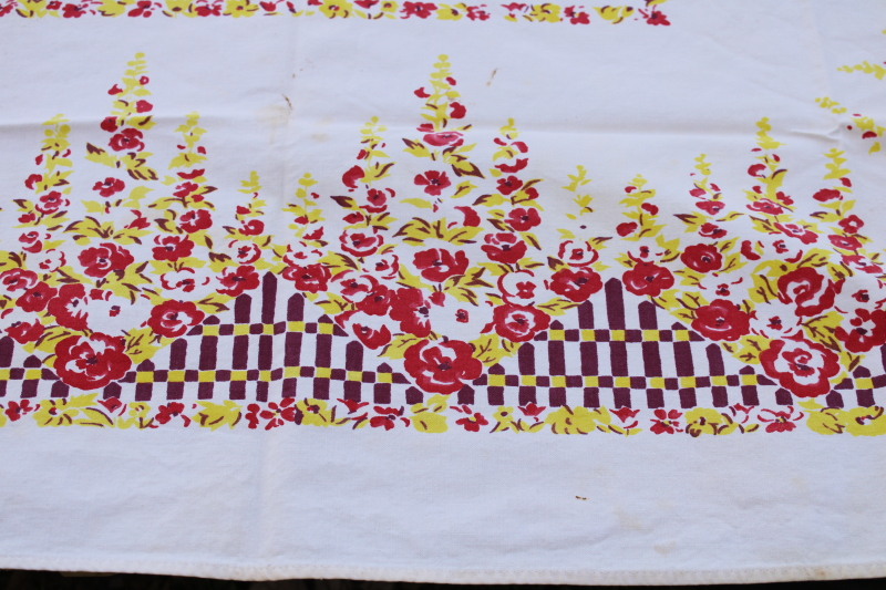 photo of 1940s vintage kitchen tablecloth, plum purple, pink, yellow flower garden fence print  #5