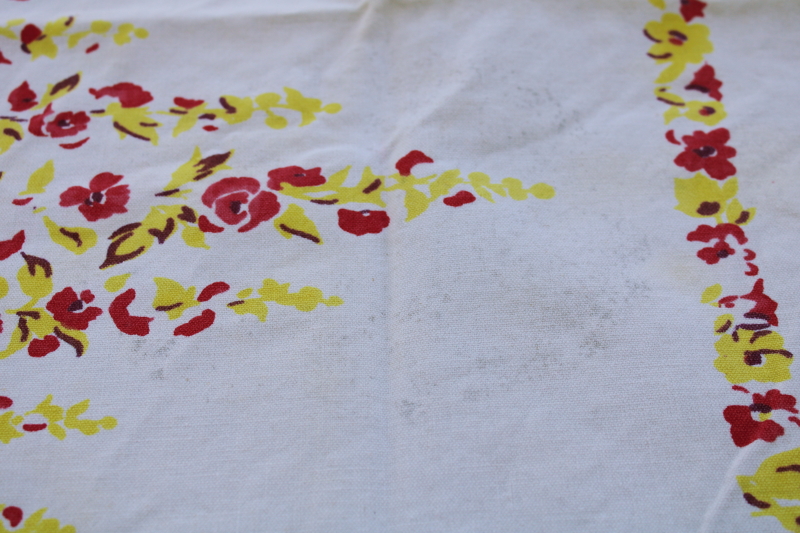 photo of 1940s vintage kitchen tablecloth, plum purple, pink, yellow flower garden fence print  #6