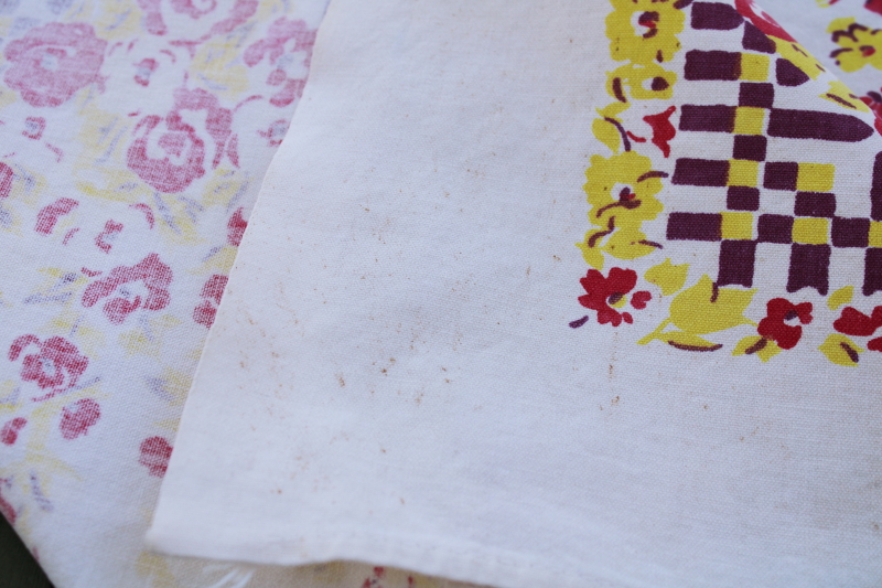 photo of 1940s vintage kitchen tablecloth, plum purple, pink, yellow flower garden fence print  #7