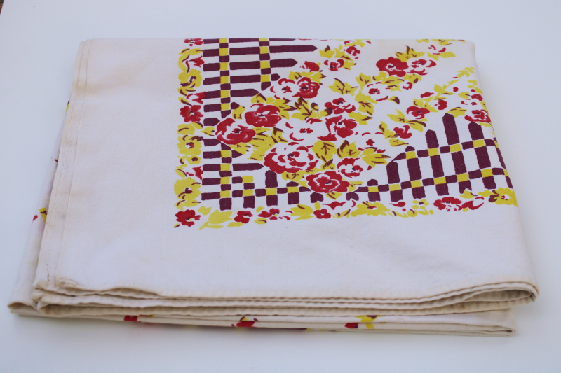 photo of 1940s vintage kitchen tablecloth, plum purple, pink, yellow flower garden fence print  #8