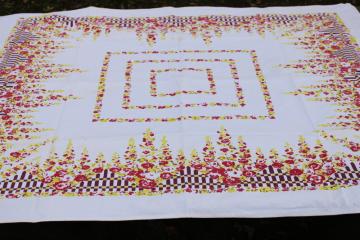 1940s vintage kitchen tablecloth, plum purple, pink, yellow flower garden fence print 