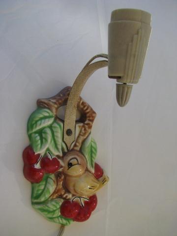 photo of 1940s vintage kitchen task light, wall sconce lamp, painted bird & cherries #1