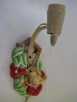 catalog photo of 1940s vintage kitchen task light, wall sconce lamp, painted bird & cherries