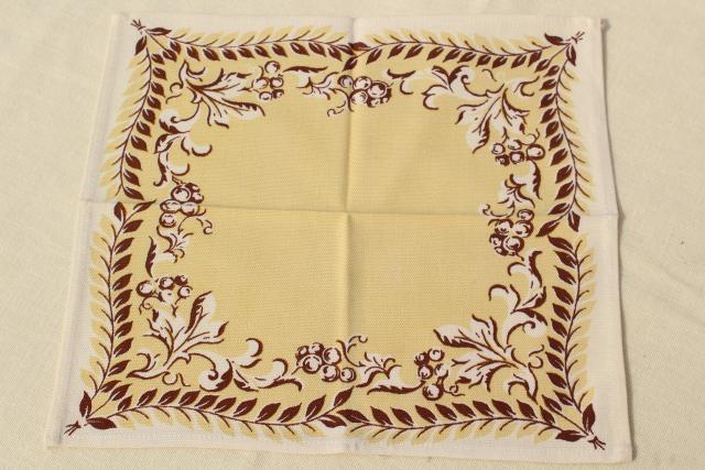 photo of 1940s vintage linens, print cotton kitchen tablecloth & napkins set, floral on creamy yellow #9