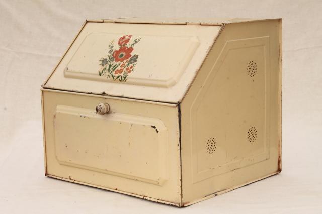 photo of 1940s vintage metal bread box, tin breadbox for country farmhouse kitchen #1