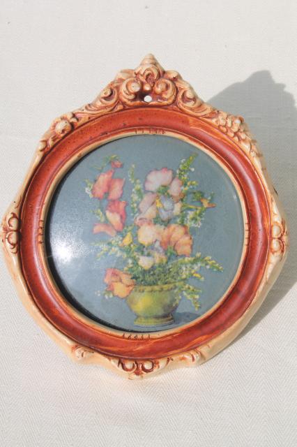 photo of 1940s vintage miniature floral picture, convex bubble glass chalkware frame #1