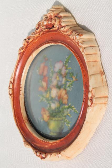 photo of 1940s vintage miniature floral picture, convex bubble glass chalkware frame #3