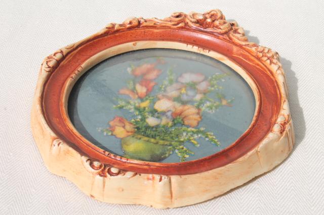 photo of 1940s vintage miniature floral picture, convex bubble glass chalkware frame #7