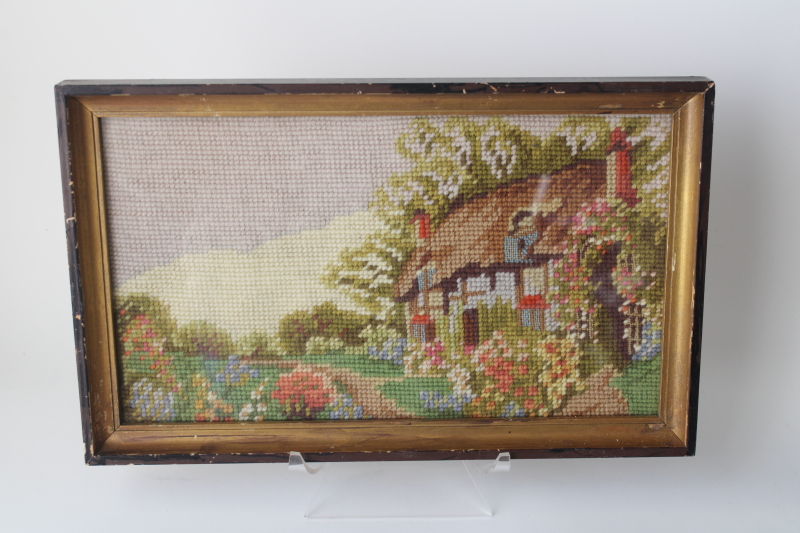 photo of 1940s vintage needlepoint picture cottage w/ flower garden scene in wood frame  #1