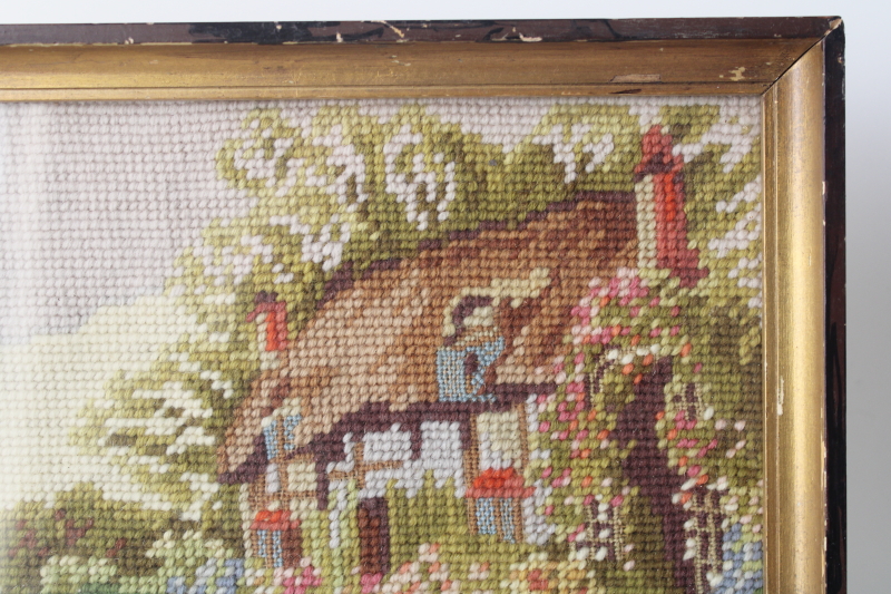 photo of 1940s vintage needlepoint picture cottage w/ flower garden scene in wood frame  #2