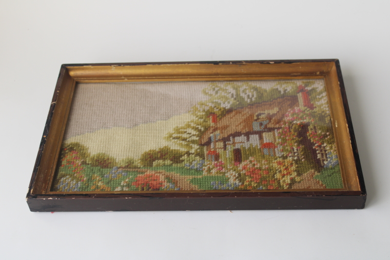 photo of 1940s vintage needlepoint picture cottage w/ flower garden scene in wood frame  #3