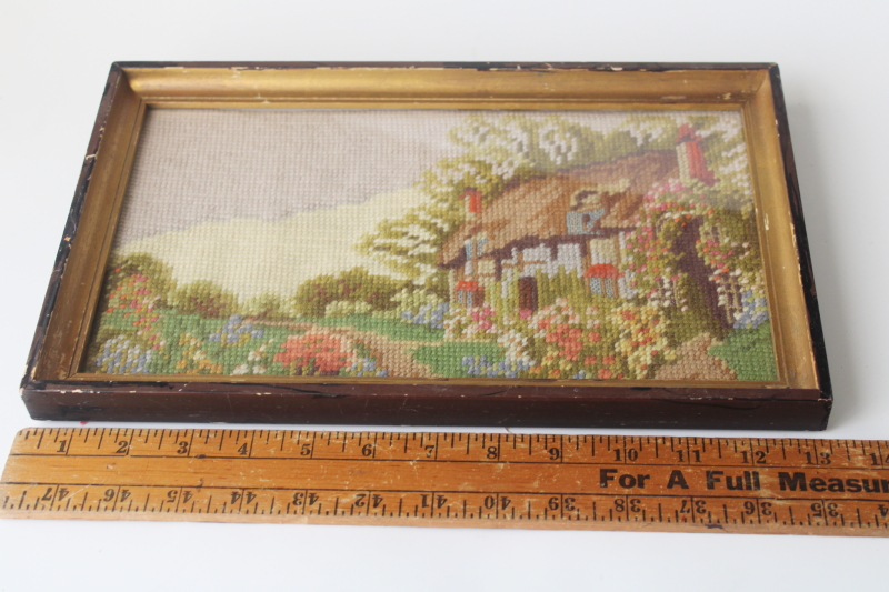 photo of 1940s vintage needlepoint picture cottage w/ flower garden scene in wood frame  #4